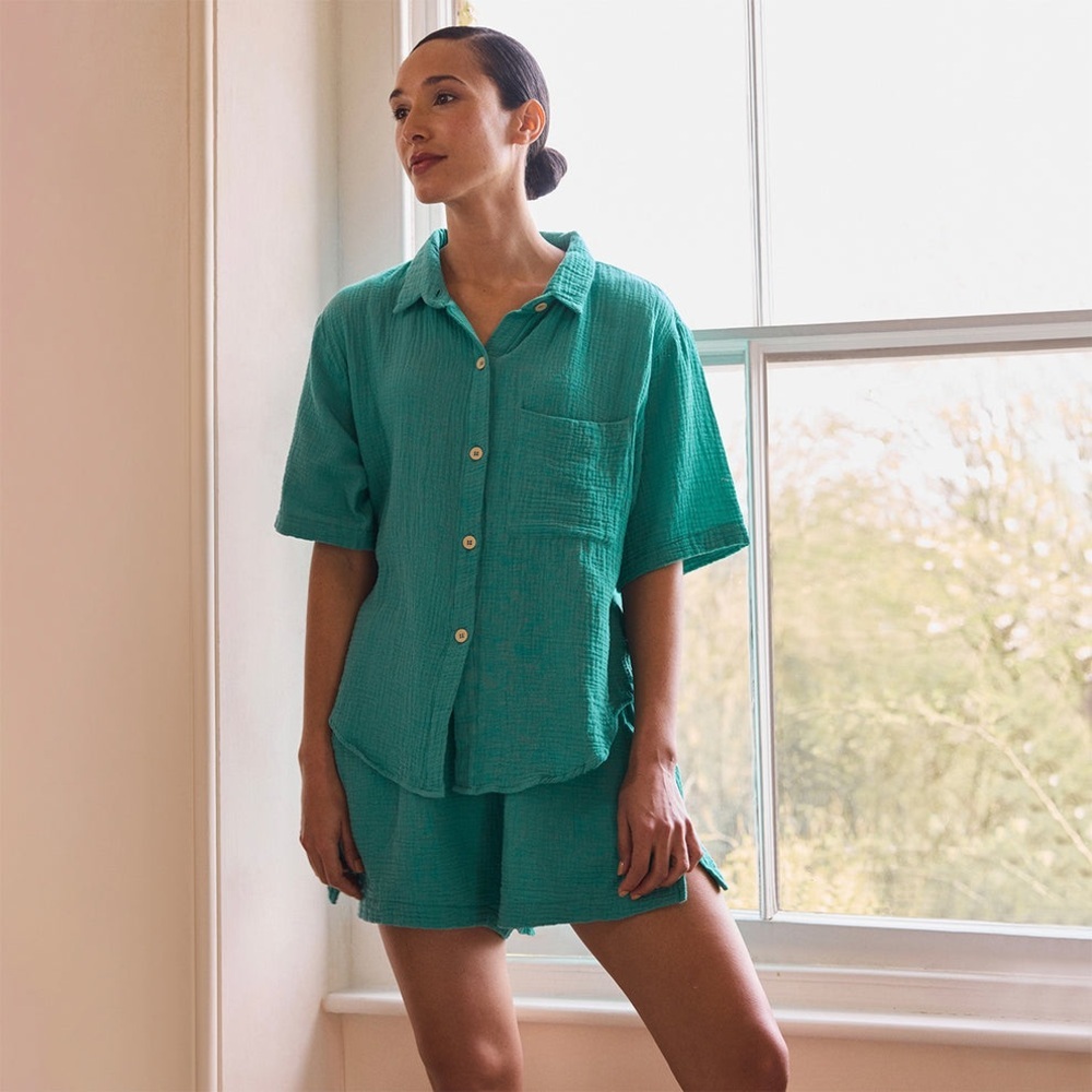 Women's Teal Short-Sleeve Button Pajama Set - Brand